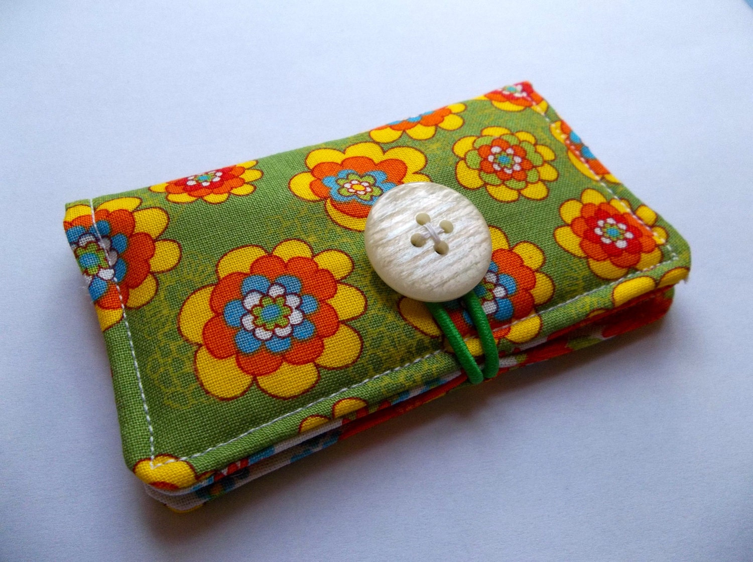 Business Card Holder, Credit Card Holder, Gift Card, Store Card Holder Case - Green with Orange Flowers