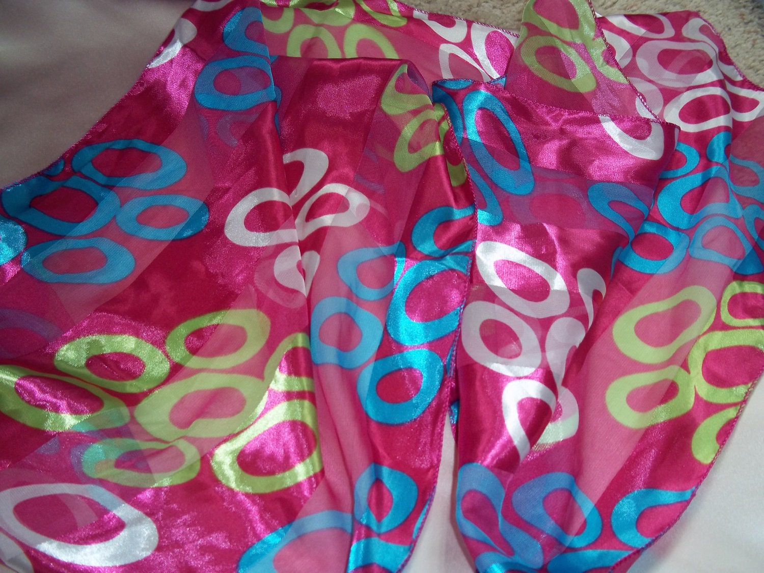 Bold pink, blue, green & white silky scarf. 60" x 14"