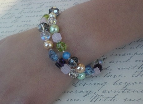 Crystal and Glass Pearl  Beaded Bracelet-Beach Themed Jewelry-Double Strand Bracelet-Teen Jewelry-Womens Jewelry