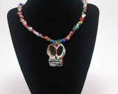 Hand Painted Sugar Skull and Chipped Glass Beaded Necklace