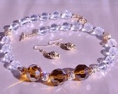 Amber Color Necklace Earrings Set Gold Crystals Accents