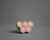 Peach hexagonal ring - Romantic honey comb on an adjustable ring base
