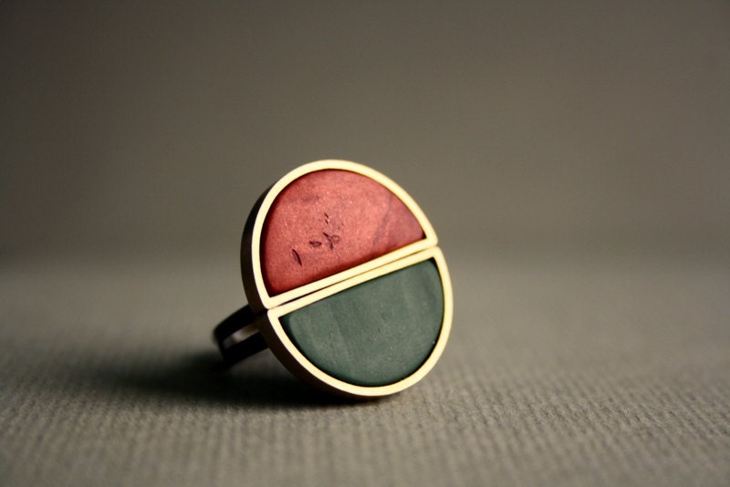 BRONZE & TEAL RING - handmade - round metallic ring with antique bronze nickel free adjustable ring base