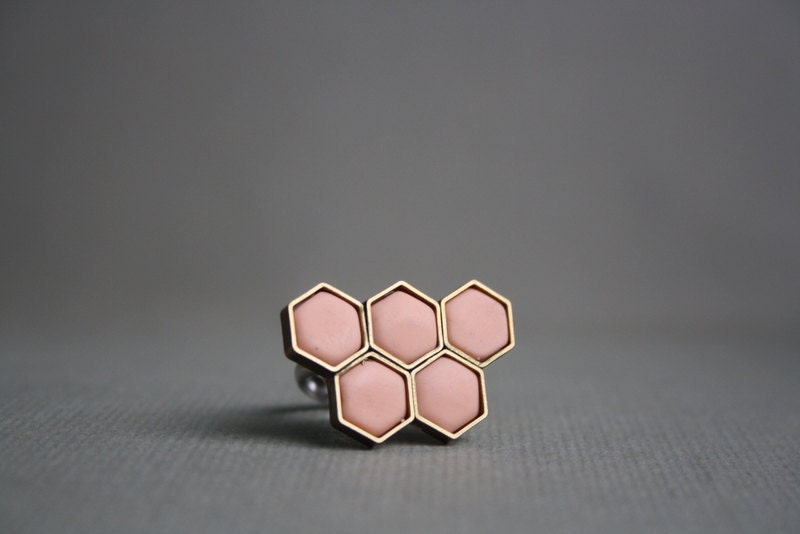 Peach hexagonal ring - Romantic honey comb on an adjustable ring base