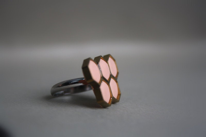 Peach hexagonal ring - Romantic honey comb on an adjustable ring base