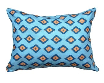 Blue Pillow Cover- Blue Ikat Pillow Covers- Blue and Coral Orange Diamond Ikat  Lumbar Decorative Pillow Cover 12" x 18"