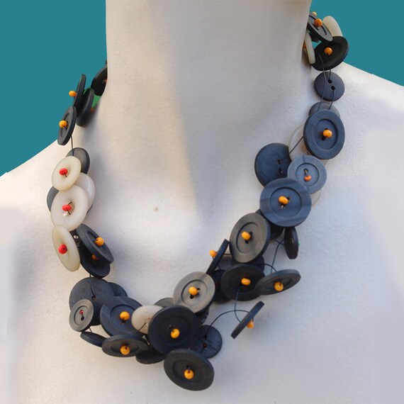 brown, beige buttons and orange beads handcrafted necklace, MEMORIES 2