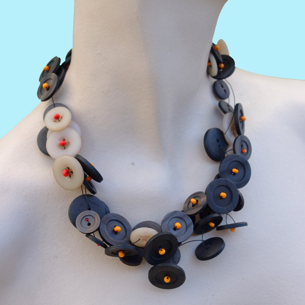 brown, beige buttons and orange beads handcrafted necklace, MEMORIES 2