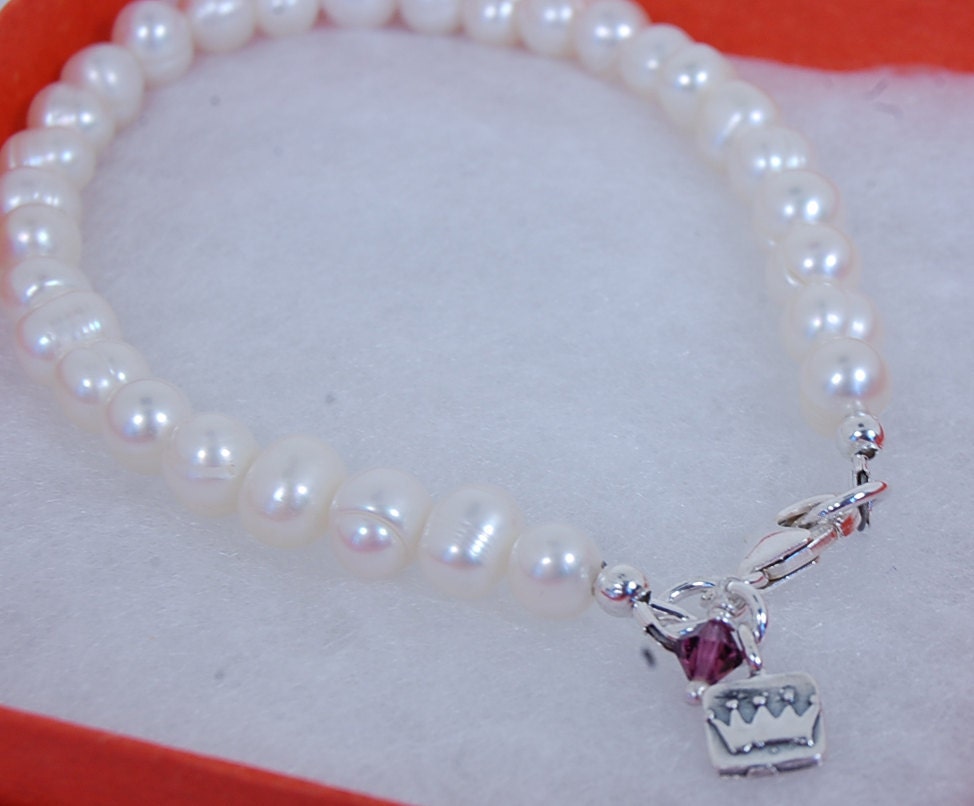 Cultured White Pearl Bracelet with Princess Charm and Swarovski Crystal