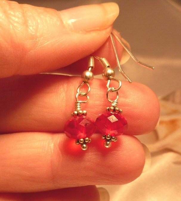 Bali Sterling Silver, Red Swarovski Crystals, Handmade Wire Wrapped Earrings, Matching Necklace and Bracelet Available