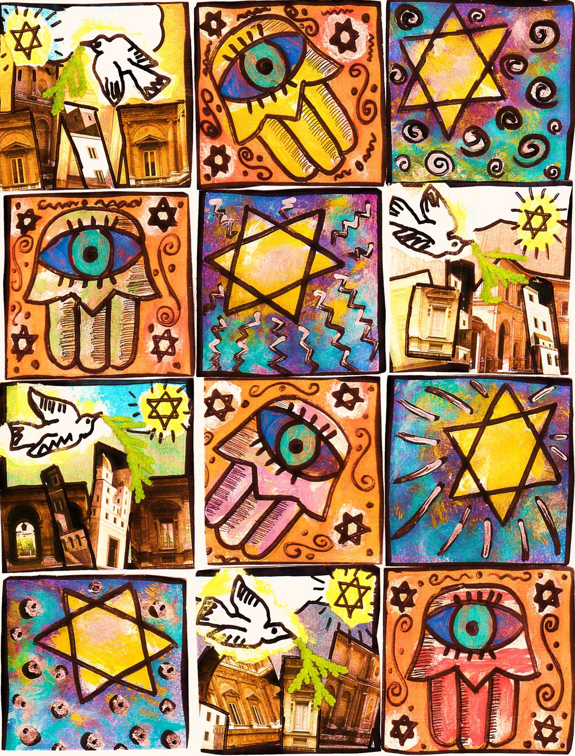 JUDAICA - Starry Night Israel' -  SILBERZWEIG ORIGINAL Art Print - Eastern Europe, Peace Dove, Star Of David, Hamsa, Jerusalem