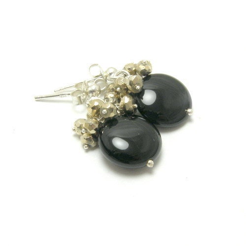 Sterling and fine silver earrings with black onys and gold pyrites - natural stone