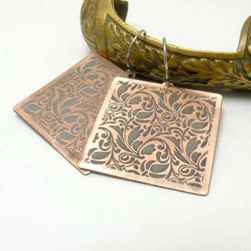 Etched rustic earrings , copper sterling silver earrings , ornament earrings