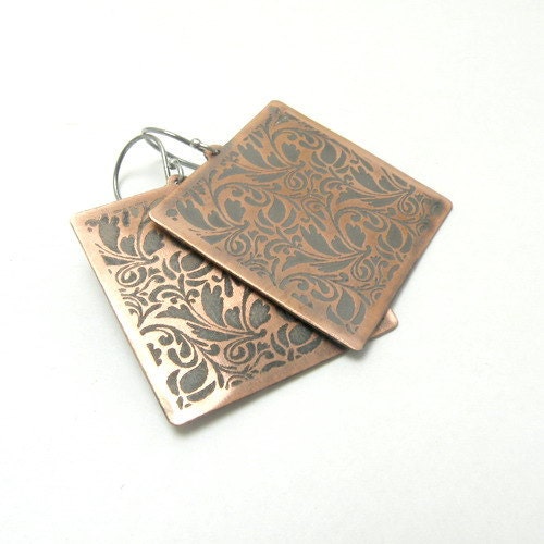 Etched rustic earrings , copper sterling silver earrings , ornament earrings