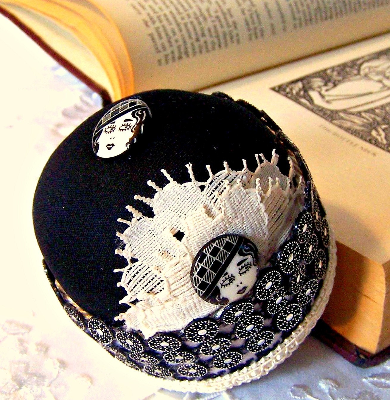 Art Deco Girl black and cream lace with fashion button herringbone pincushion or pinkeep TAGT