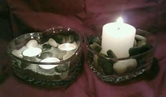 Wedding Centerpiece, Beach Wedding, Rustic Wedding,Glass Candle Holder, Heart Tealight, Rock and Sand,