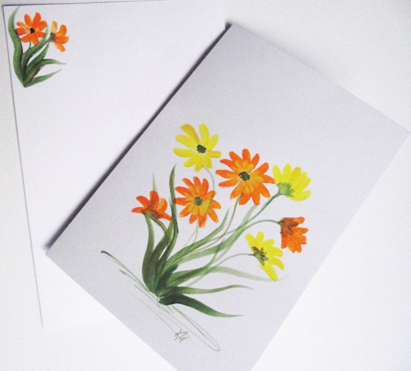 Greeting Card Spring Flowers, Daisy yellow and orange - KarenUnderwoodArt