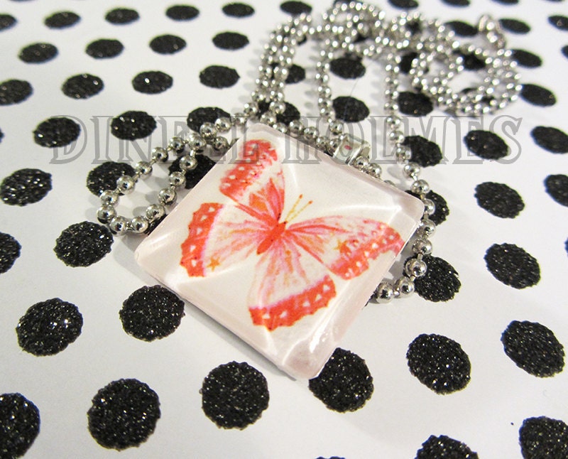 Bright RED Butterfly Glass Tile Pendant Handmade Jewelry Summer spring Vibrant Easter