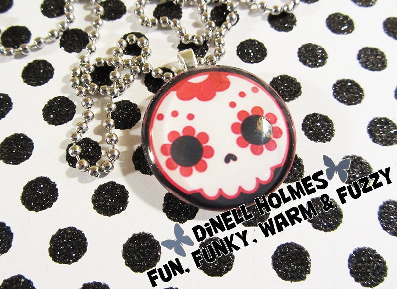 CLEARANCE SALE Pink Sugar Skull Glass Tile Pendant Halloween Day of the Dead Handmade Jewelry