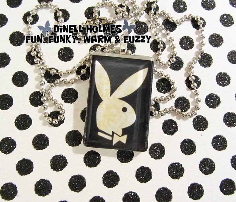 CLEARANCE SALE Playboy Bunny Glass Tile Pendant Yellow Flowers Fun Handmade Jewelry