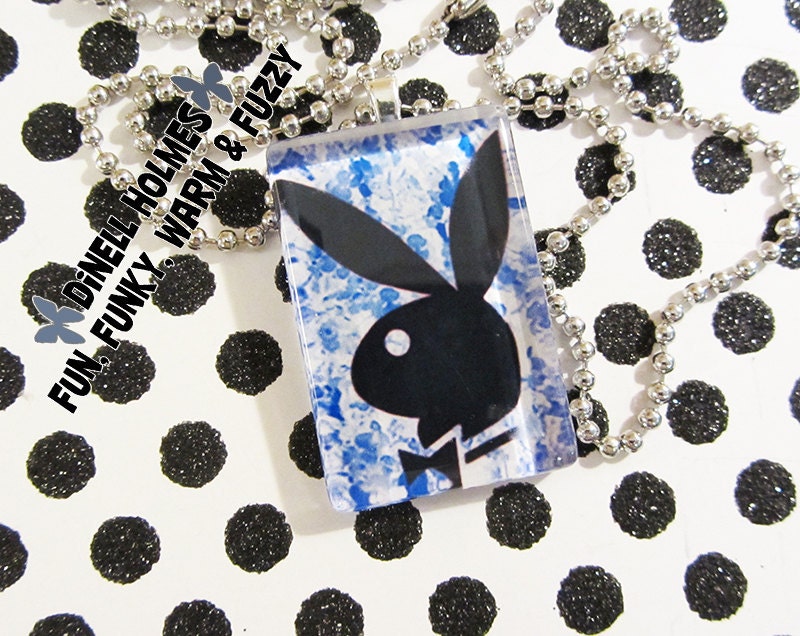 CLEARANCE SALE Playboy Bunny Glass Tile Pendant Bright Blue Flowers Fun Handmade Jewelry