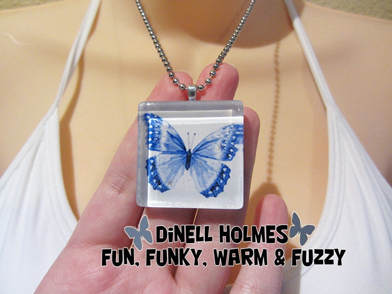 CLEARANCE SALE Blue Butterfly Glass Tile Pendant Summer Spring Jewelry Easter Nature Handmade
