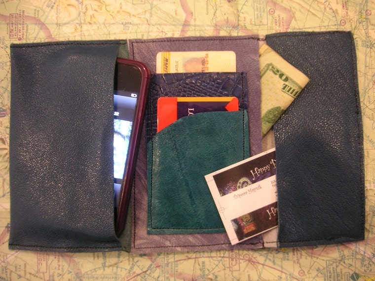 Iphone wallet, 3,4, 4s, Blue, Leather, Lavander, ipod case, wallet, card case. smart phone, Droid, upcycled, OOAK