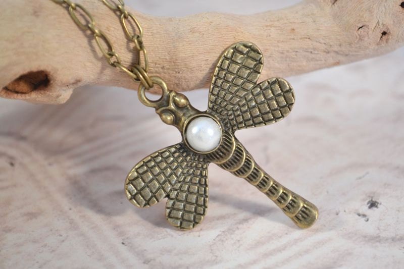 Classic Dragonfly Necklace, Art Deco Style Dragonfly and Glass Pearl Necklace