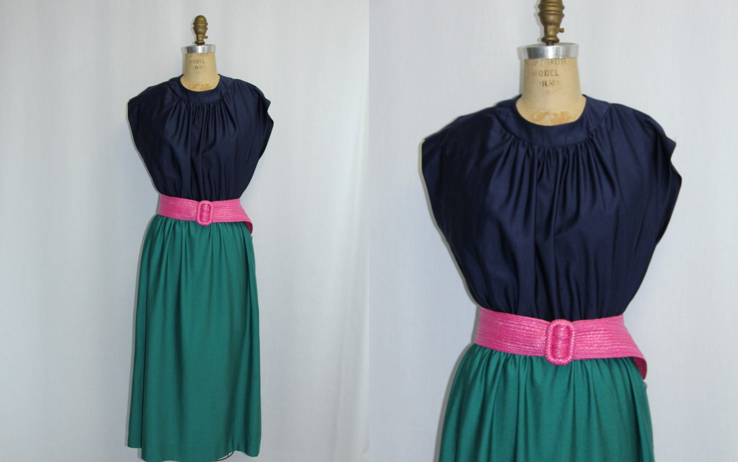 Color Block Vintage Dress Navy Blue and Green XL
