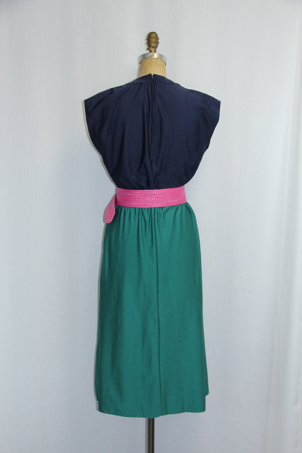 Color Block Vintage Dress Navy Blue and Green XL