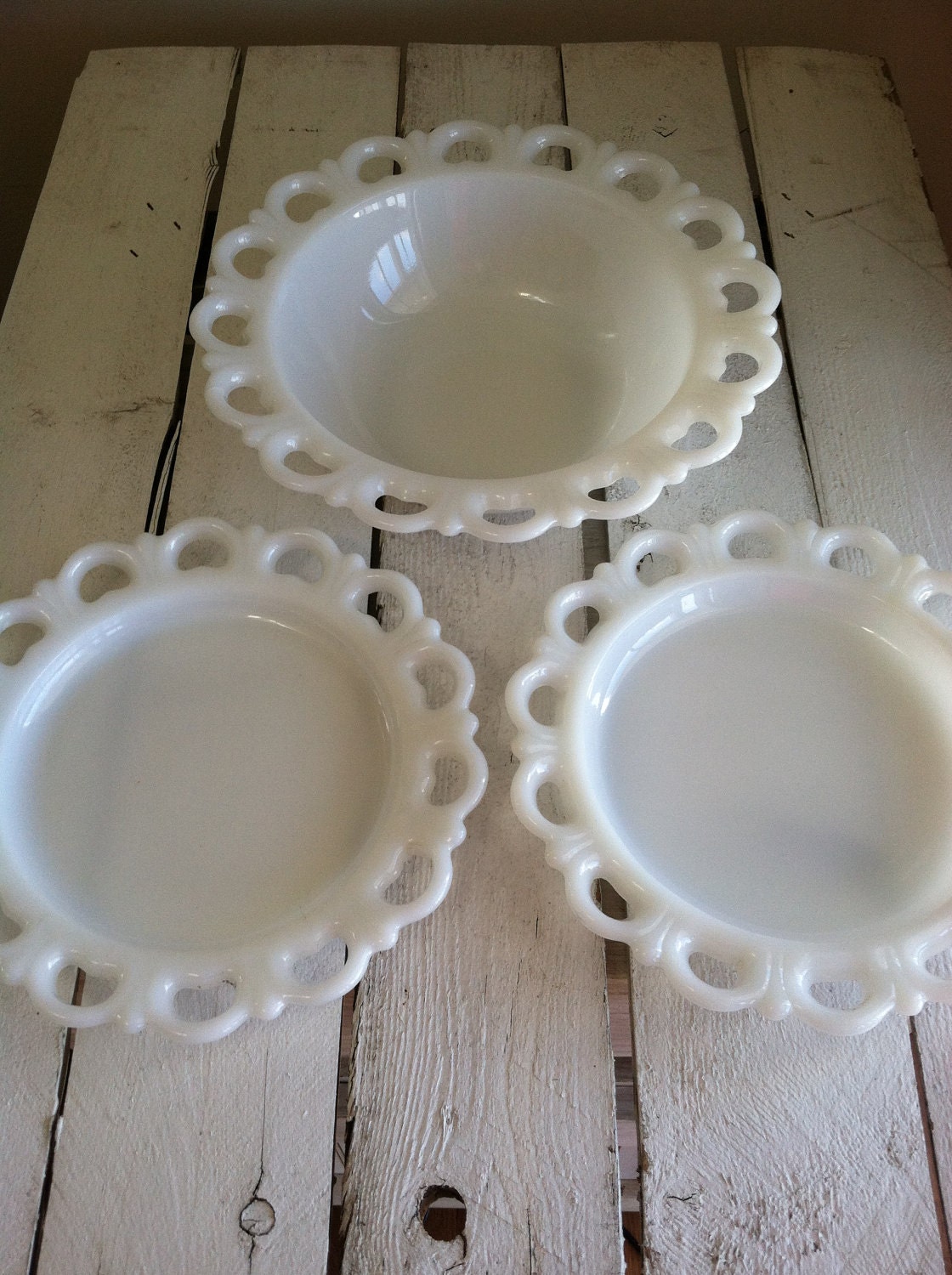 Vintage 2 white Milk glass plates and 1 bowl with scalloped heart lace trim