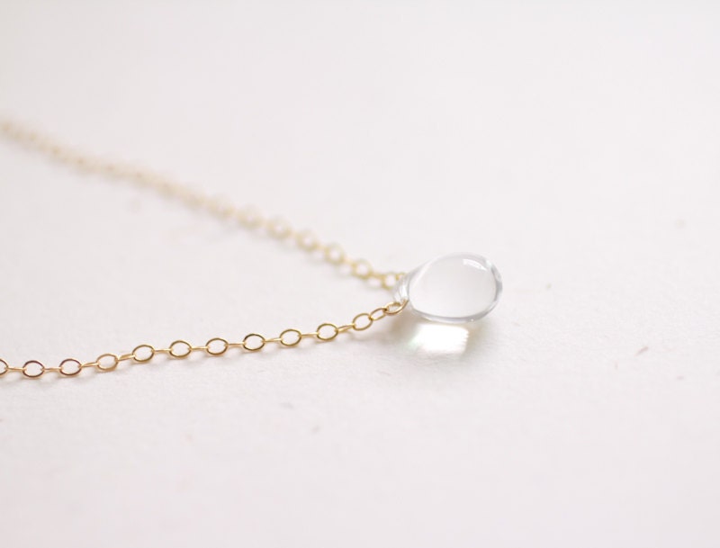 Tiny clear water droplet gold filled necklace - danity jewelry