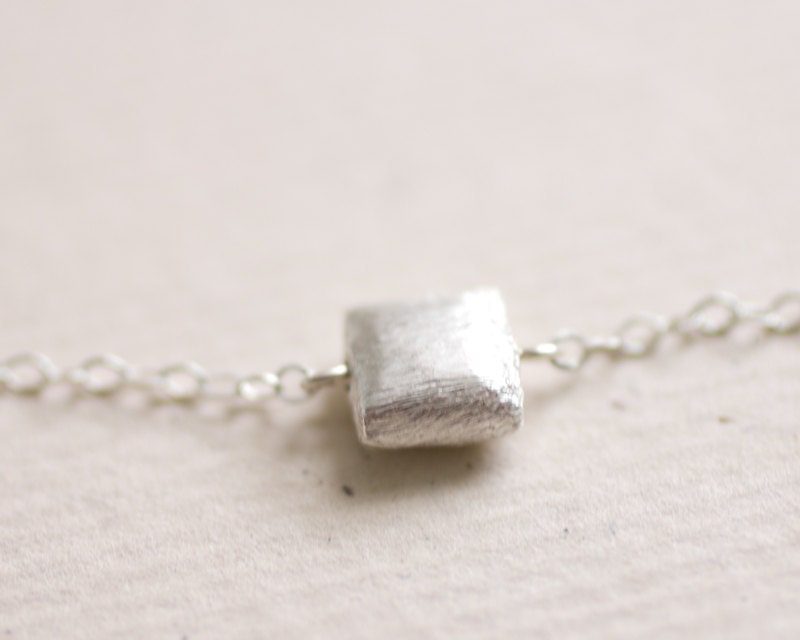 Tiny silver brushed square on sterling silver chain necklace - simple everyday jewelry