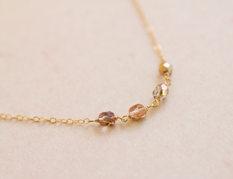 Rose gold crystal beads on fine gold filled chain necklace - delicate bridal or simple everyday jewelry