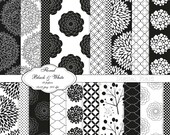 INSTANT DOWNLOAD Black and White Floral digital scrapbooking paper pack -19 printable jpeg papers, 12x12, 300 dpi