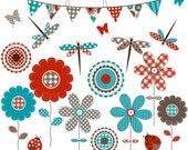 INSTANT DOWNLOAD In bloom Clip Art Set - teal, red, brown floral printable digital clipart - digitalfield