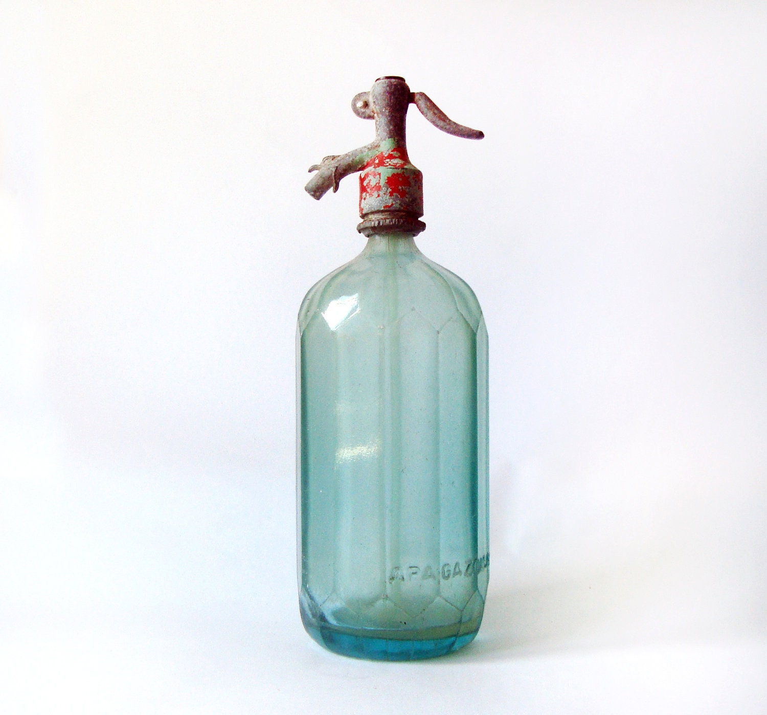 Vintage Light Green Seltzer Bottle - light green Romanian vintage bottle with aluminium top - industrial decor