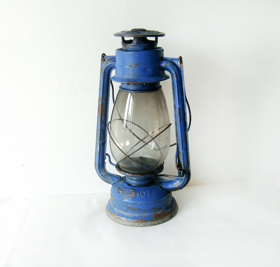 Blue Kerosene vintage Lantern Lamp - railroad vintage lantern - blue rusty old lamp great for industrial decor - electric blue decor