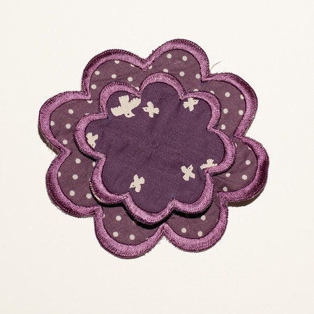 Fabric flower brooch pin - purple birds and polka dots