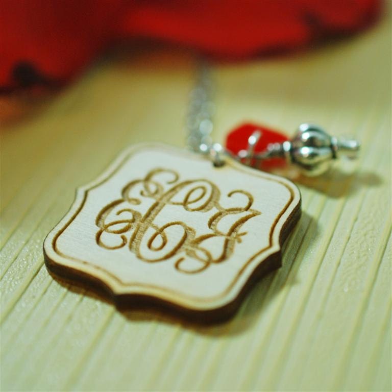 Vine monogram personalized wood necklace