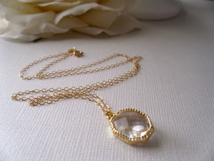 Sparkling Clear Crystal Pedant Necklace in Gold. Wedding,Bridal,Everyday