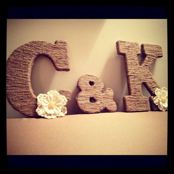 Twine Wrapped Rustic Wooden Letters with Crochet Lace Pearl Flower (25.00 per Letter)