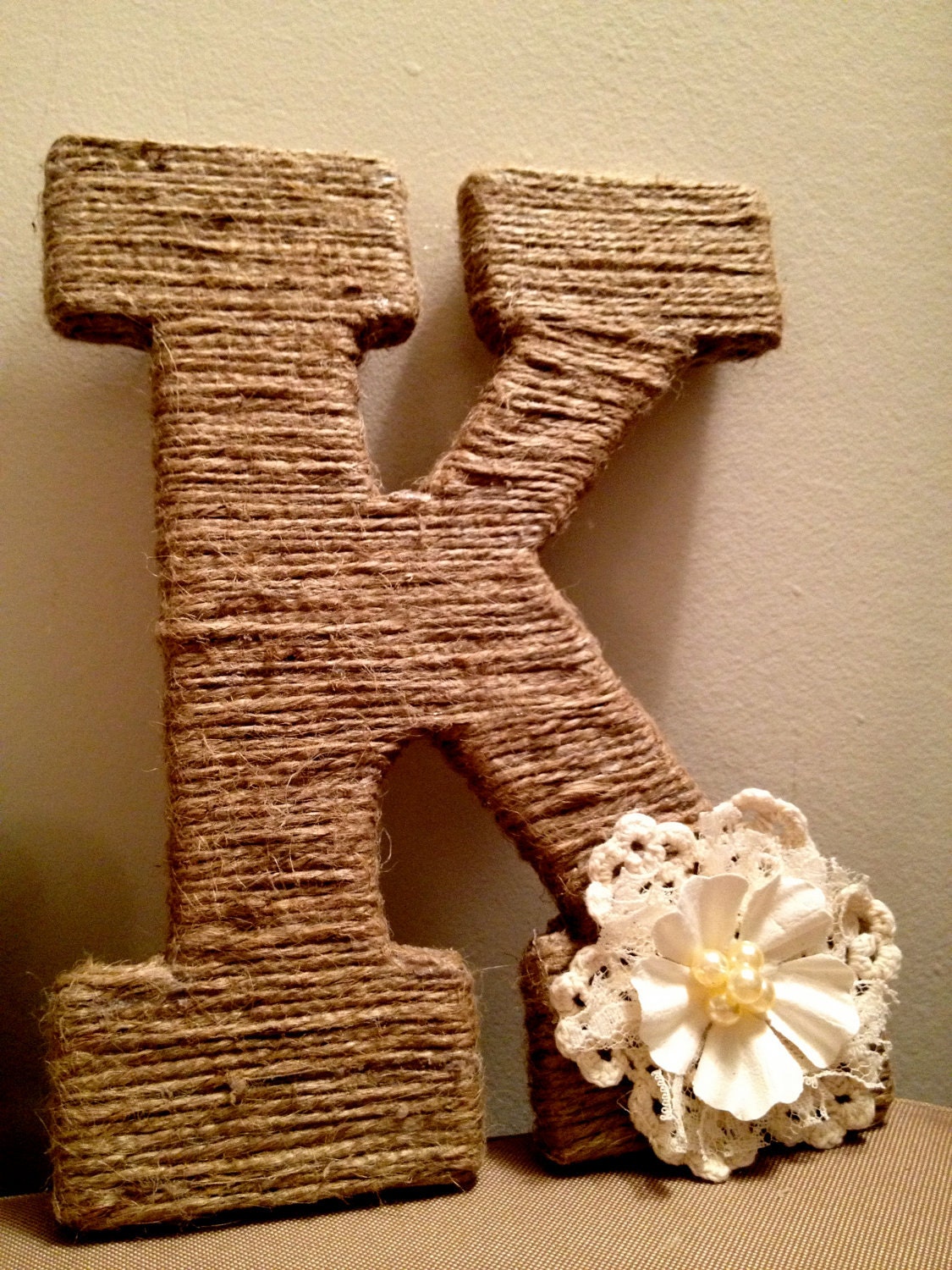 Twine Wrapped Rustic Wooden Letters with Crochet Lace Pearl Flower (25.00 per Letter)