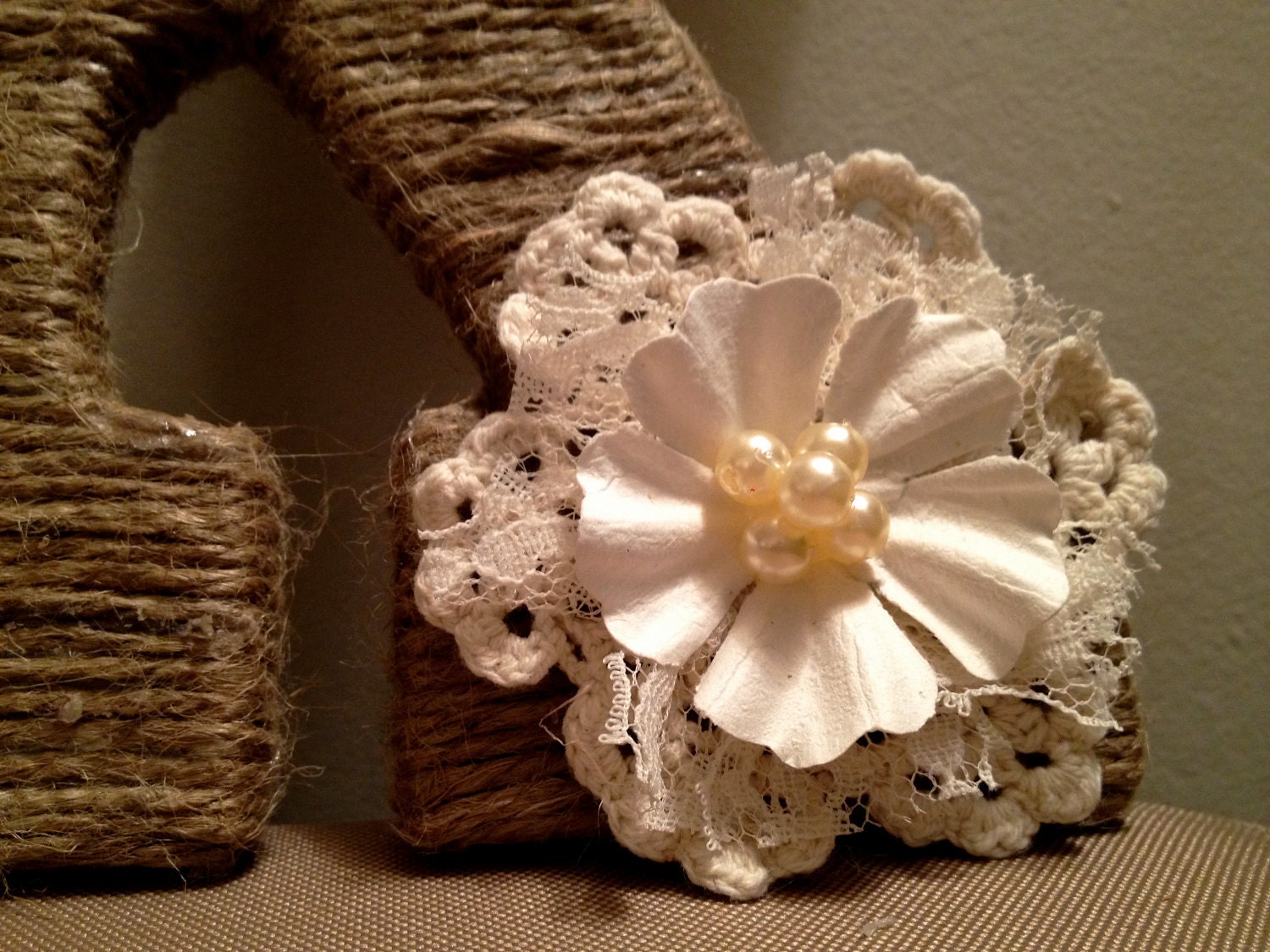 Twine Wrapped Rustic Wooden Letters with Crochet Lace Pearl Flower (25.00 per Letter)