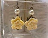 Creamy Ivory Sakura Flower on Antique Brass Earrings with Faux Pearls