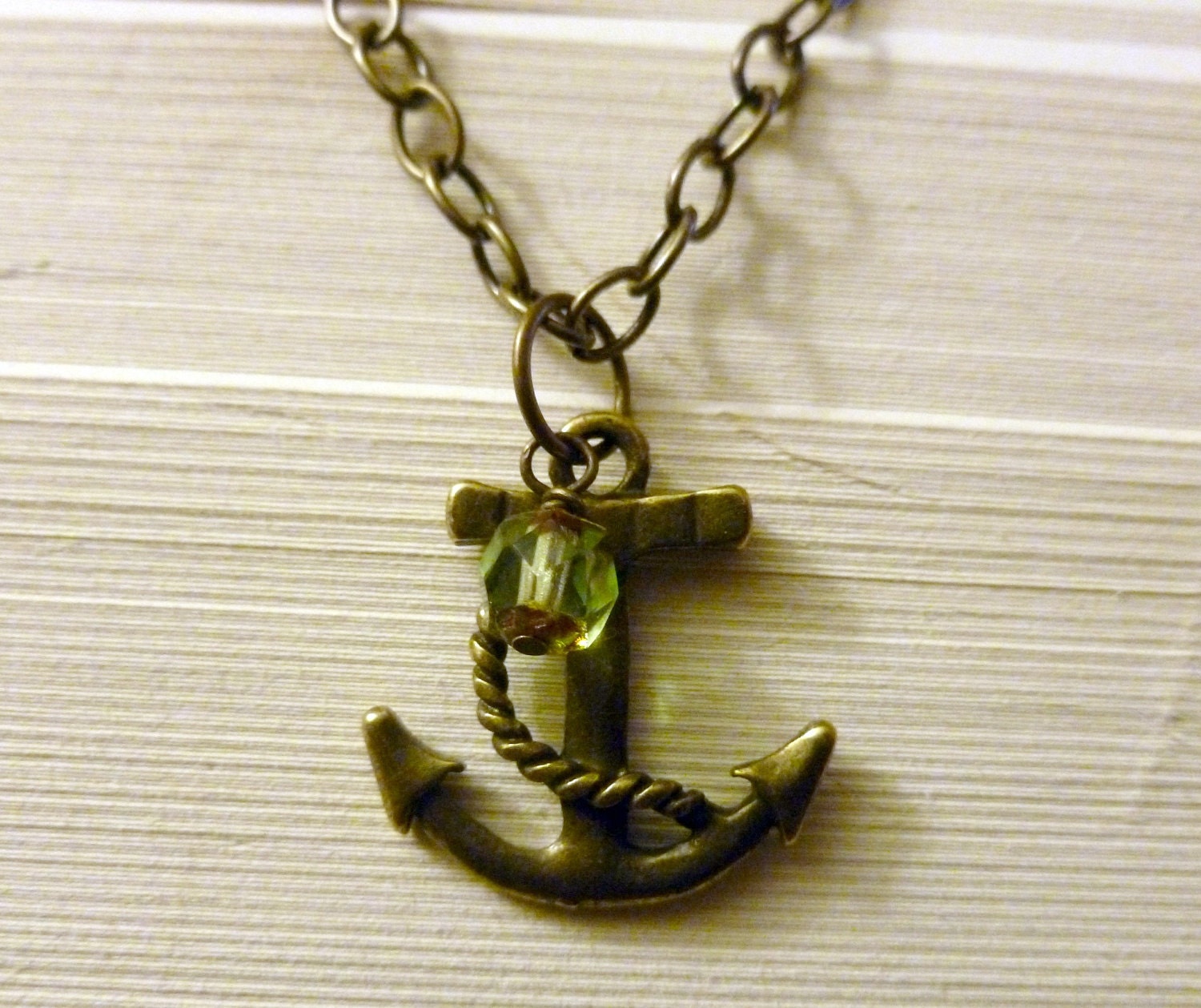 Antique Brass Anchor Necklace, Anchor Necklace with Green Glass Czech Beads.