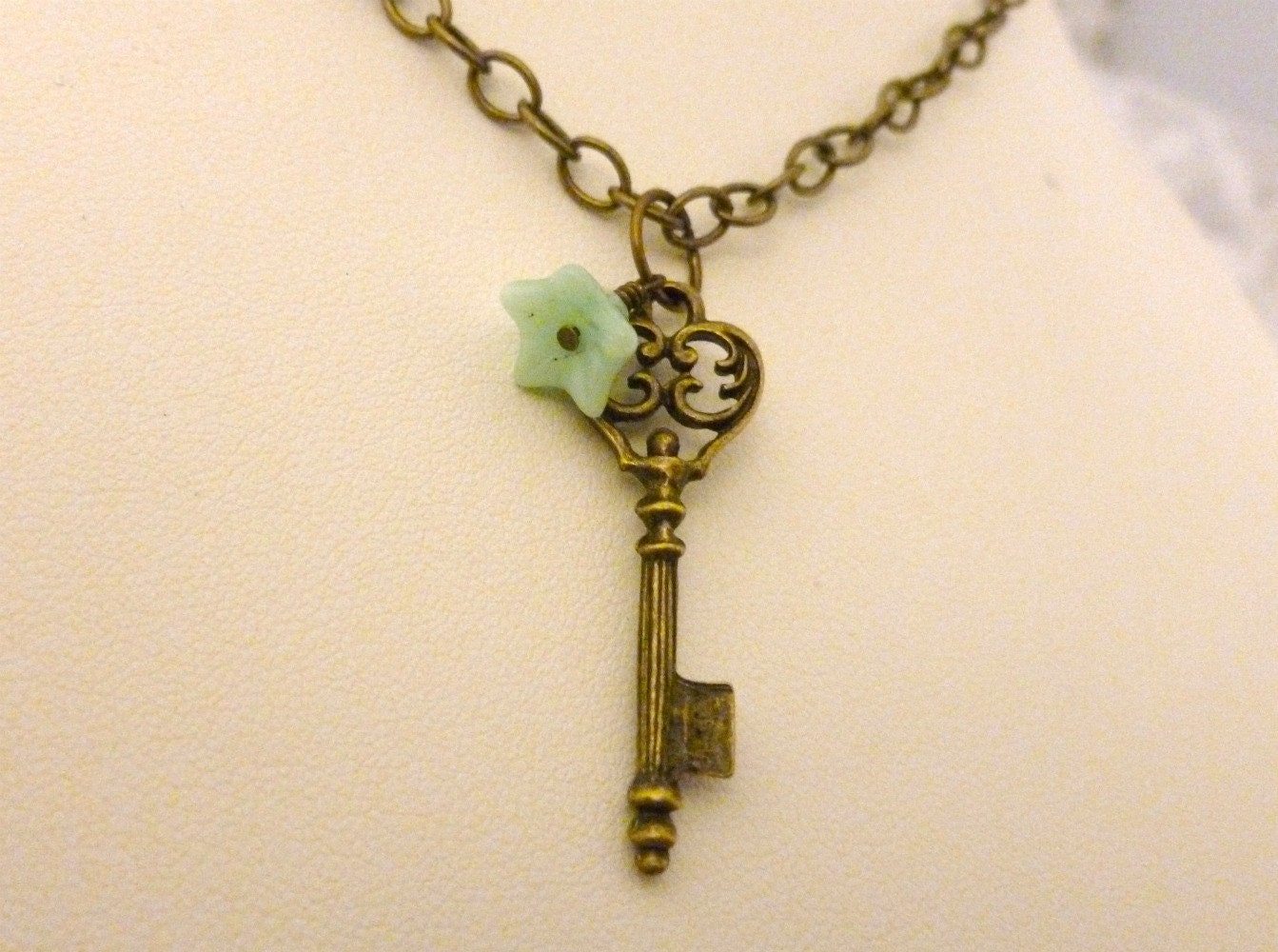 Antique Brass Skeleton Key Necklace With A Teal Flower Czech Bead