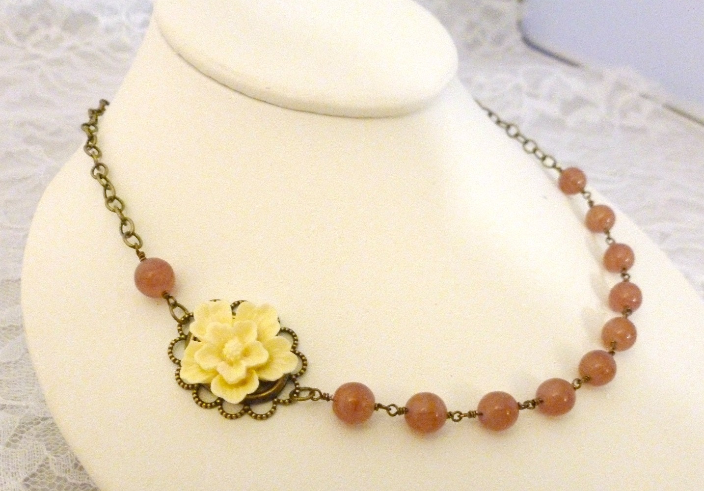 Cream / Ivory Sakura Flower With Dusty Rose Glass Beads, Wire Wrapped Antique Brass Necklace