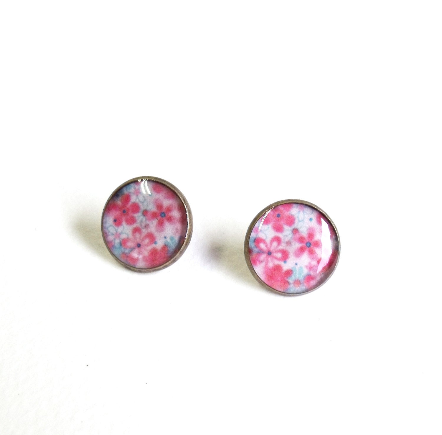 Romantic pink and blue floral antique brass earrring studs ear post