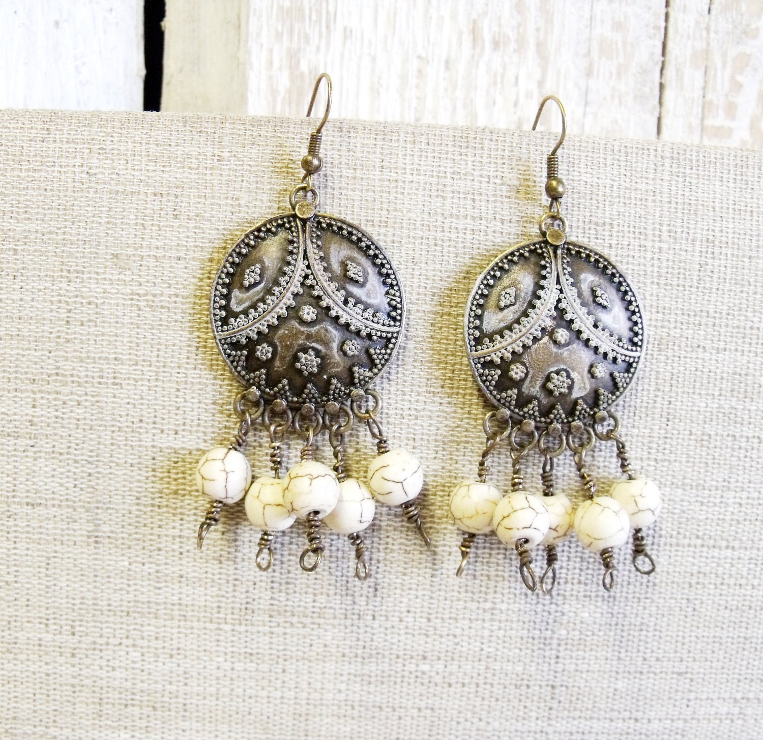Patina Bohemian earrings with white turquoise beads